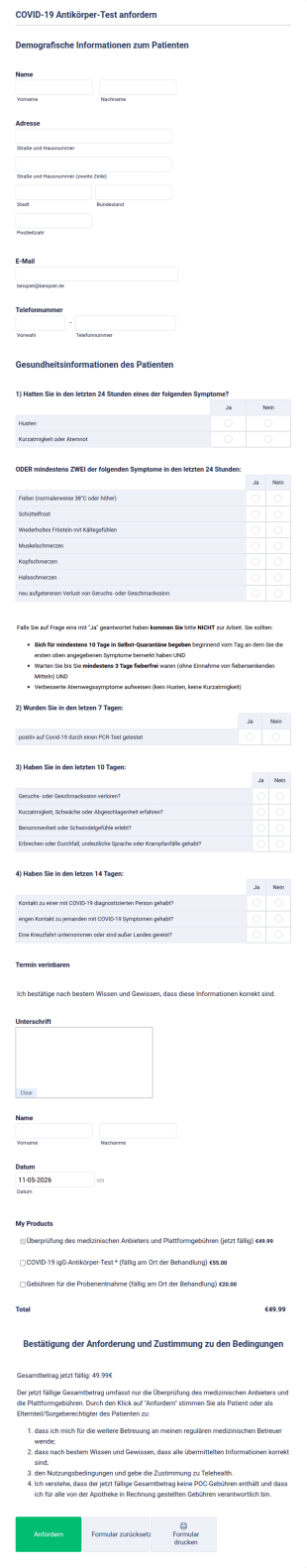 COVID 19 Antikörper Test Anfordern
