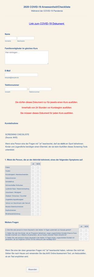 COVID 19 AnwesenheitCheckliste