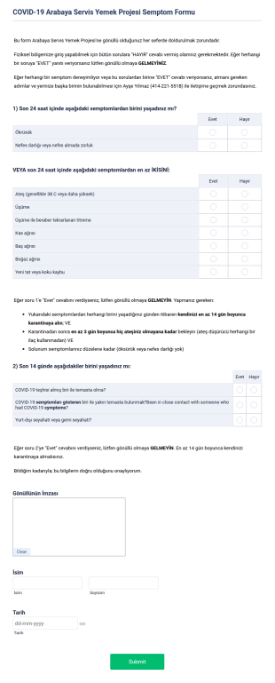 COVID 19 Semptom Form Şablonu
