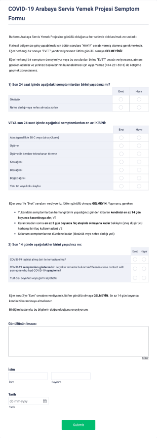 COVID 19 Semptom Form Şablonu
