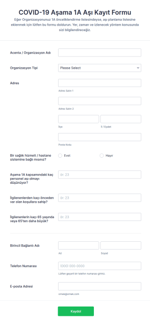 COVID 19 Aşama 1A Aşı Kayıt Form Şablonu
