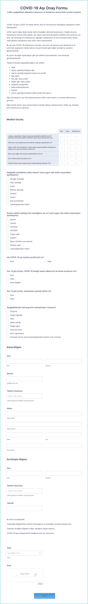 COVID 19 Aşı Onam Form Template