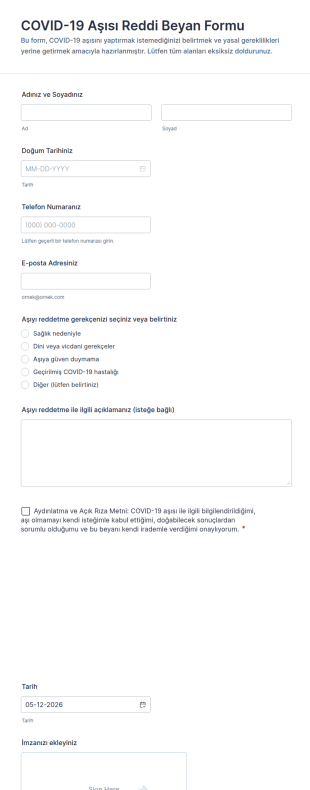 COVID 19 Aşısı Reddi Beyan Form Şablonu