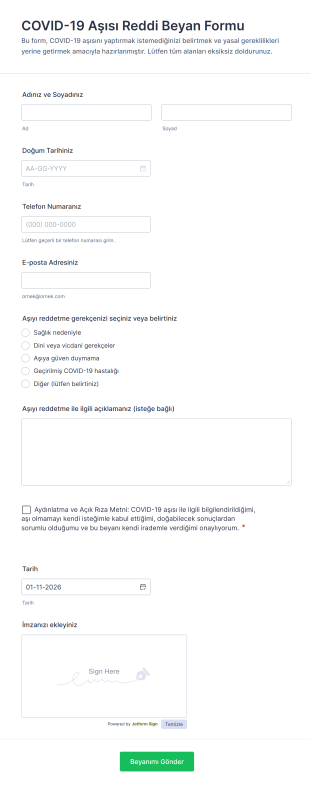 COVID 19 Aşısı Reddi Beyan Form Template