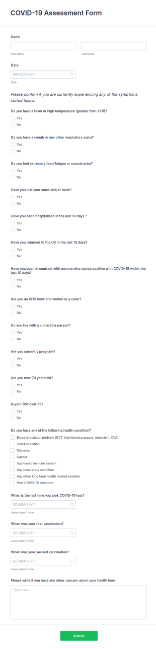 COVID 19 Assessment Form Template