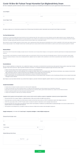 Covid 19 Bire Bir Fiziksel Terapi Hizmetleri İçin Bilgilendirilmiş Onam Form Template
