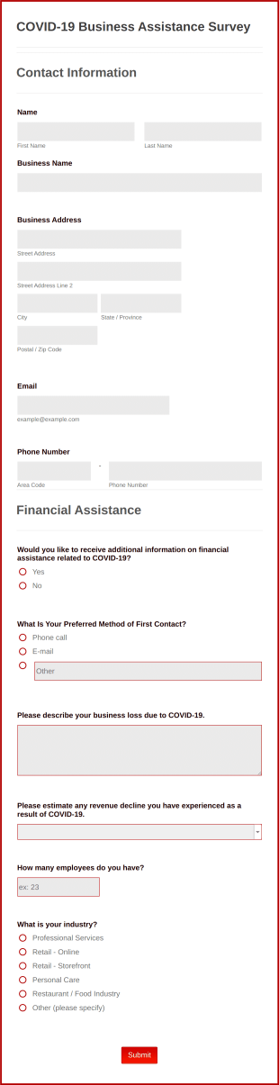 COVID 19 Business Assistance Survey Form Template