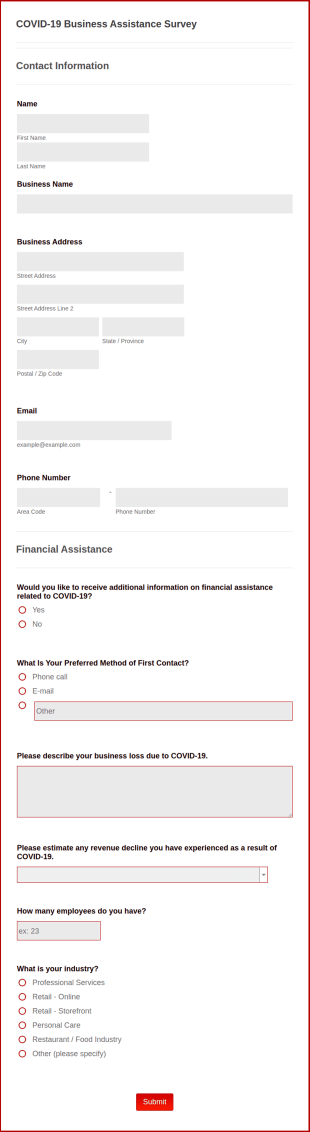 COVID 19 Business Assistance Survey Form Template