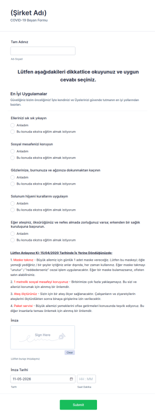 COVID 19 Çalışan Anketi Form Şablonu