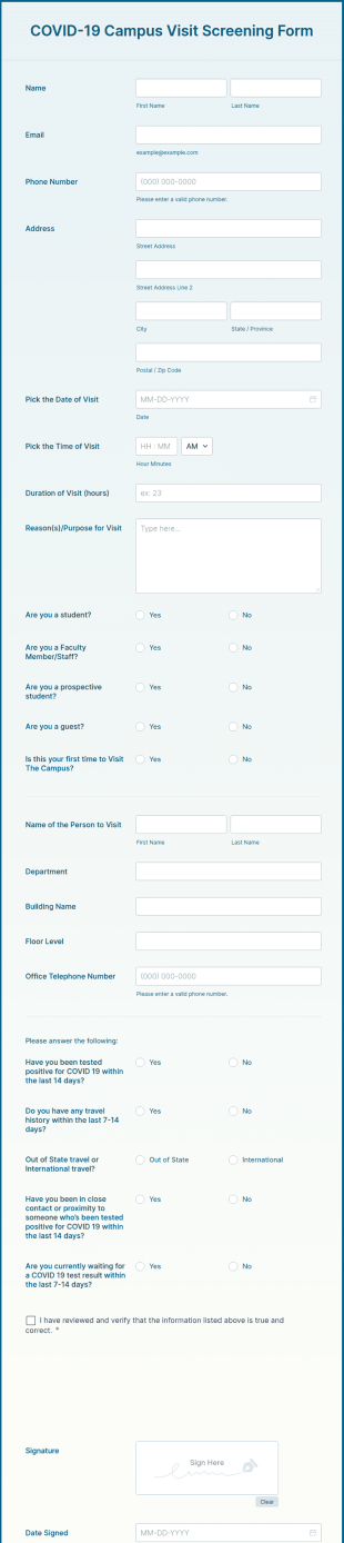 COVID 19 Campus Visit Screening Form Template