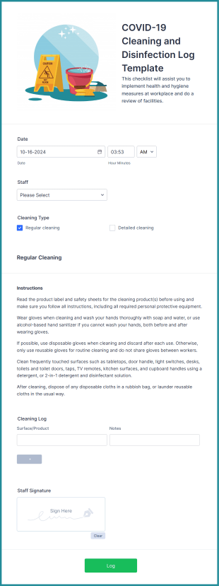 COVID 19 Cleaning And Disinfection Log Template