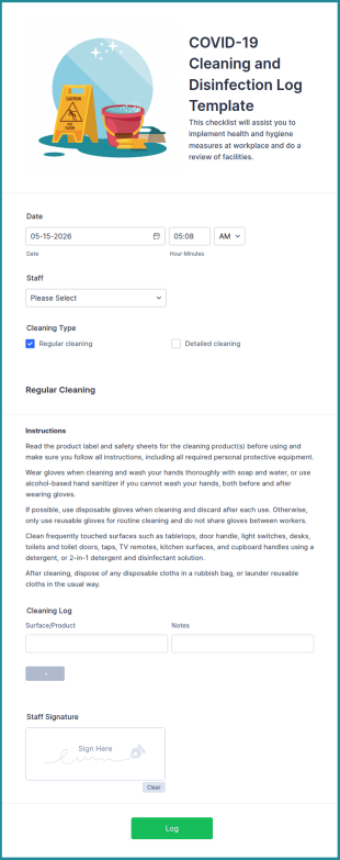 COVID 19 Cleaning And Disinfection Log Template