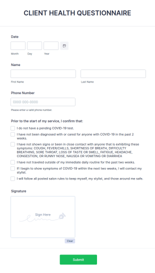 COVID 19 Client Health Questionnaire Form Template