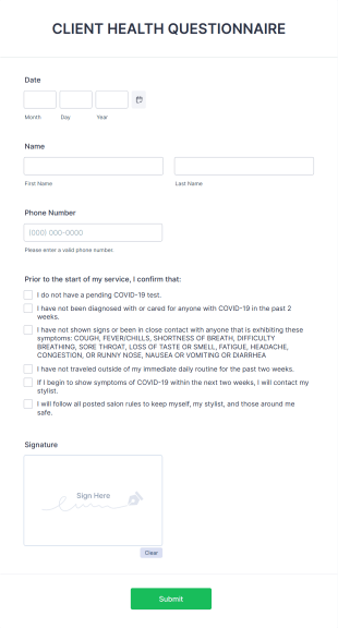 COVID 19 Client Health Questionnaire Form Template