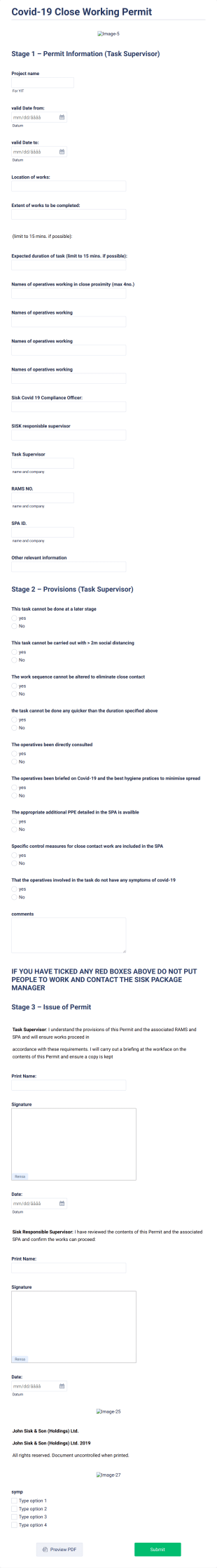 Covid 19 Close Working Permit Form Template