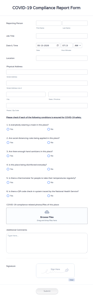 COVID 19 Compliance Report Form Template