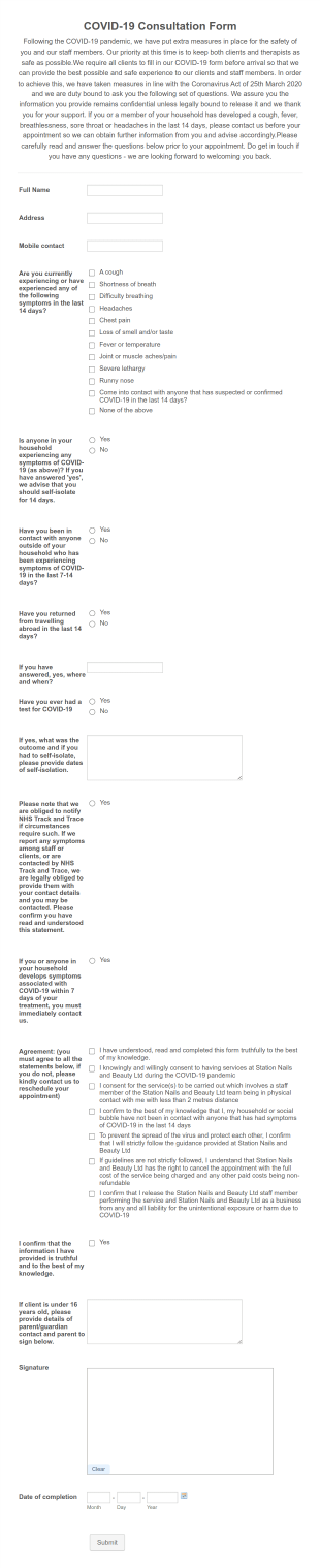 COVID 19 Consultation Form (Station Nails And Beauty Ltd)