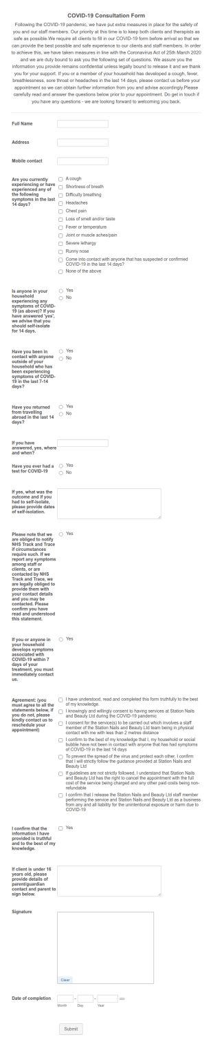 COVID 19 Consultation Form (Station Nails And Beauty Ltd)
