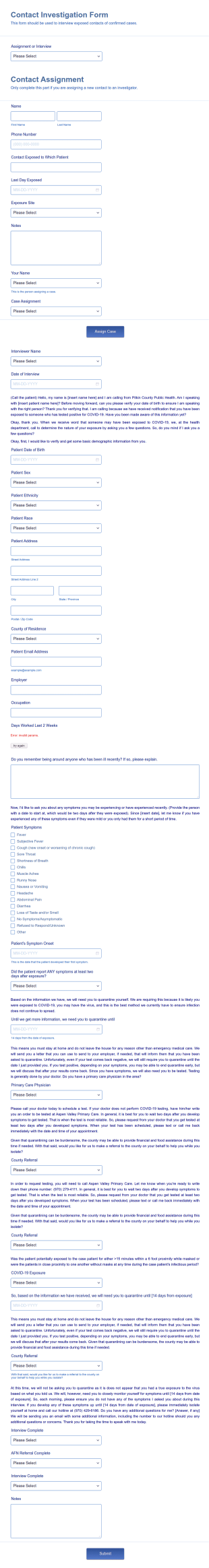COVID 19 Contact Investigation Form Template