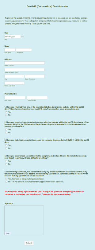 Covid 19 (CoronaVirus) Questionnaire Form Template