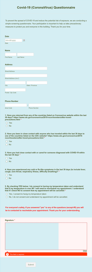 Covid 19 (CoronaVirus) Questionnaire Form Template
