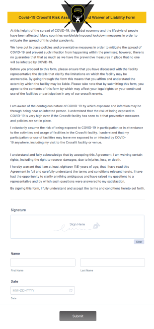 Covid 19 Crossfit Risk Assumption And Waiver Of Liability Form Template