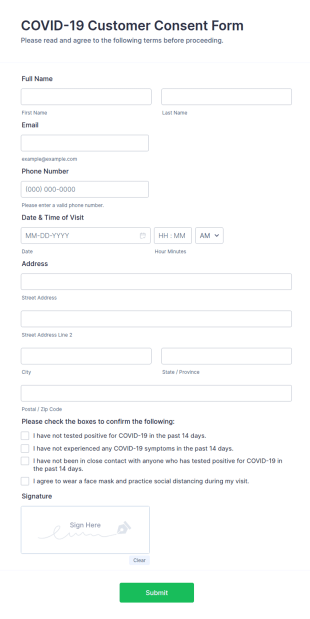 COVID 19 Customer Consent Form Template