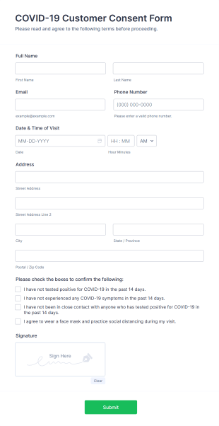 COVID 19 Customer Consent Form Template