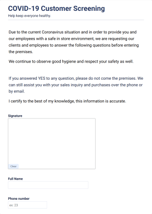 COVID 19 Customer Screening Form Template