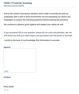 COVID 19 Customer Screening Form Template