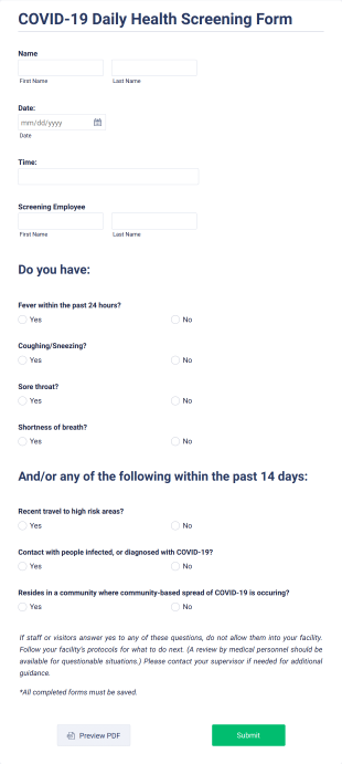 COVID 19 Daily Health Screening Form Template