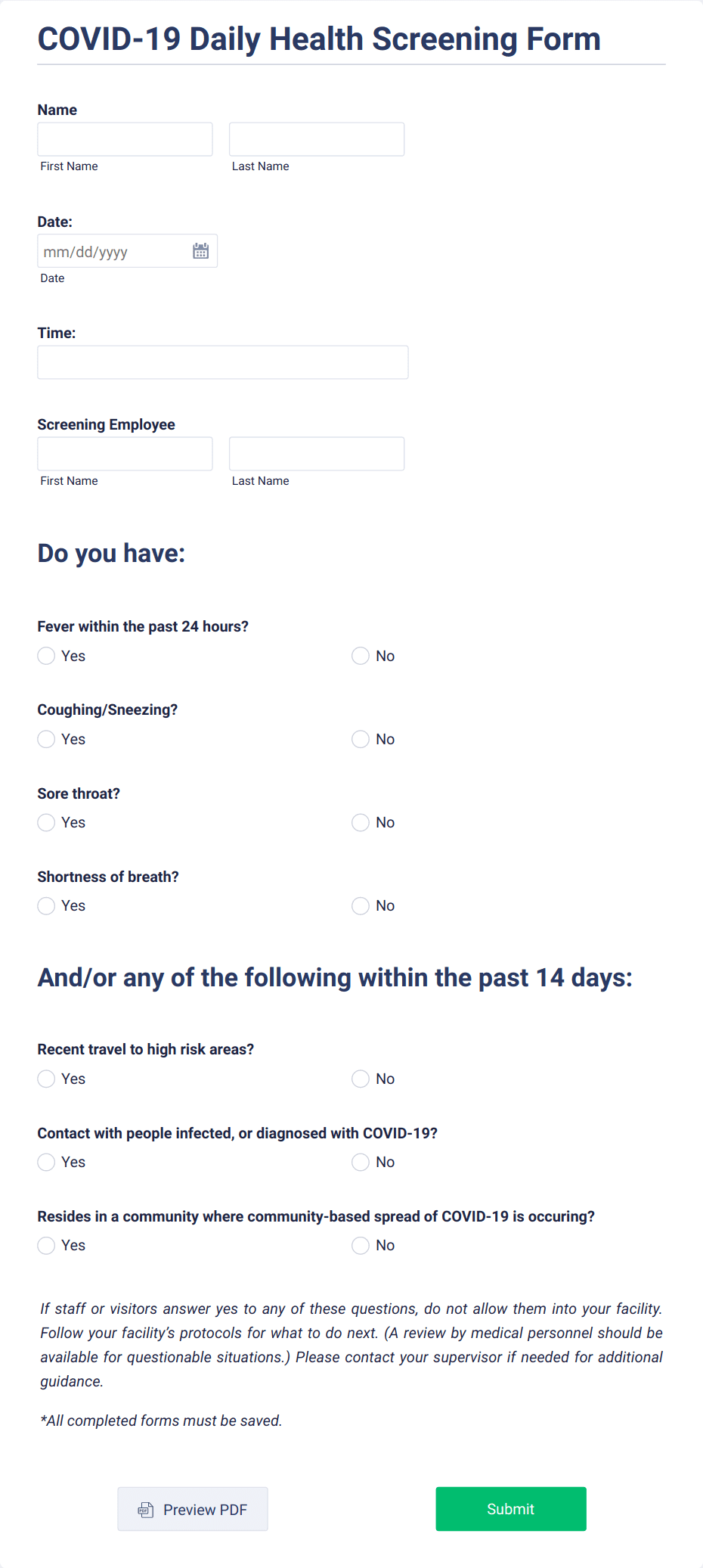 Covid Test Control Form.pdf COVID-19 Daily Health Screening Form Template | Jotform