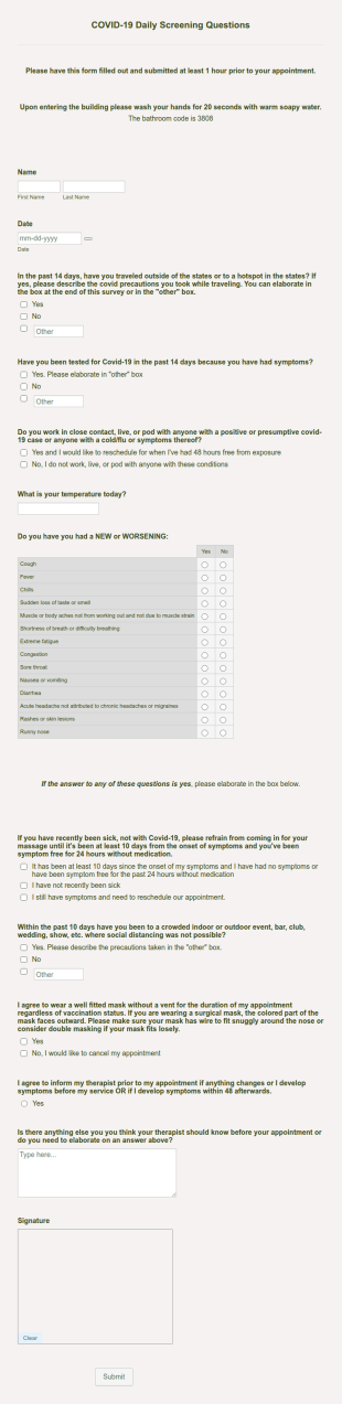 COVID 19 Daily Screening Questions For Vaccinated Clients Form Template