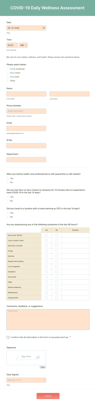 COVID 19 Daily Wellness Assessment Form Template