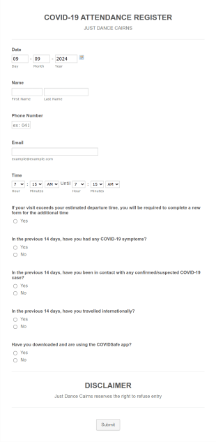 COVID 19 Dance Studio Registration Form Template