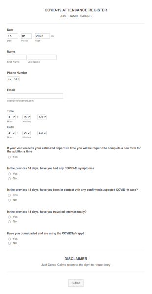 COVID 19 Dance Studio Registration Form Template