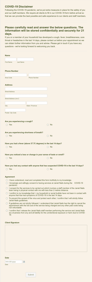 COVID 19 Disclaimer Form Template