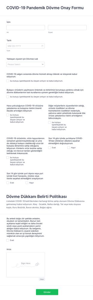 COVID 19 Dövme Onay Form Şablonu