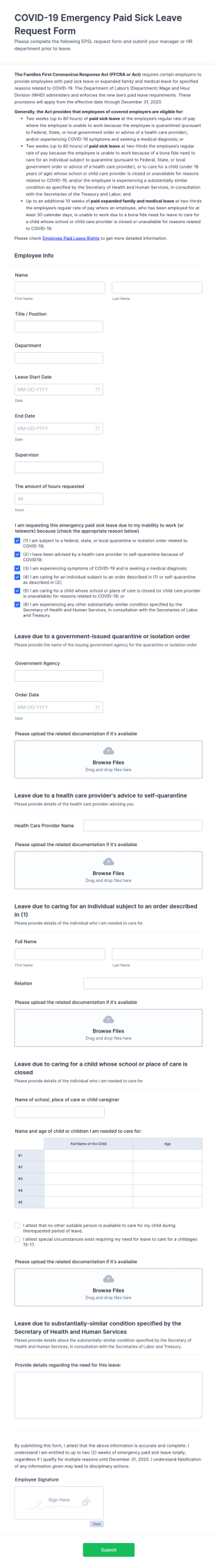 COVID 19 Emergency Paid Sick Leave Request Form Template