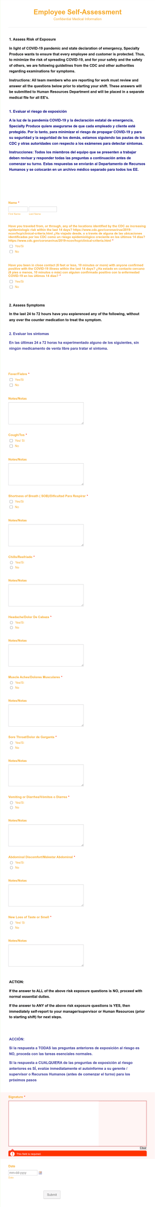 COVID 19 Employee Health Assessment Form Template