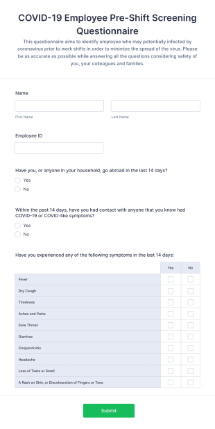COVID 19 Employee Pre Shift Screening Questionnaire Form Template