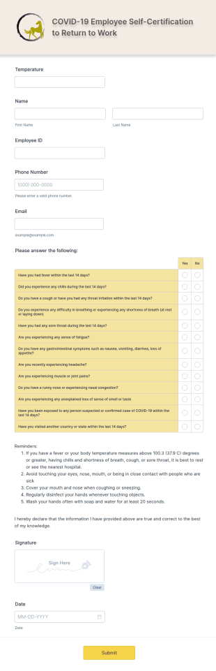 COVID 19 Employee Self Certification To Return To Work Form Template