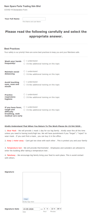 COVID 19 Employee Survey Form Template