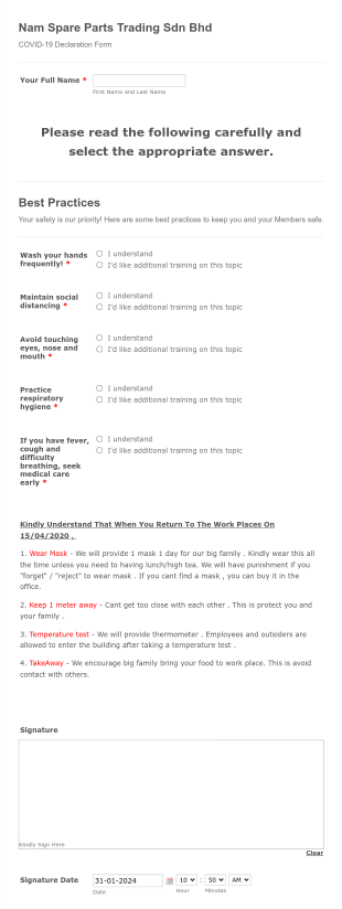 COVID 19 Employee Survey Form Template