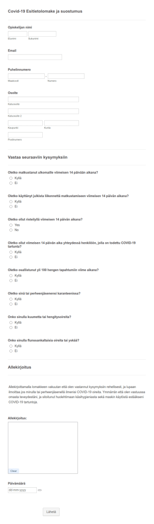 Covid 19 Esitietolomake Ja Suostumus