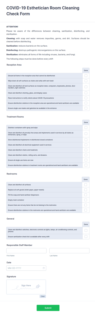 COVID 19 Esthetician Room Cleaning Check Form Template