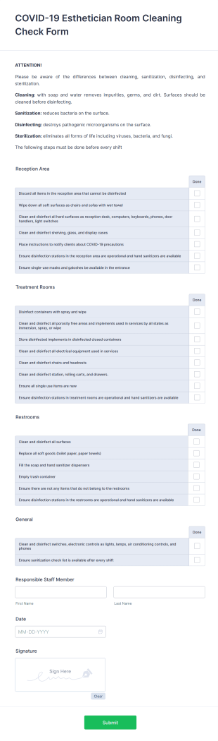 COVID 19 Esthetician Room Cleaning Check Form Template