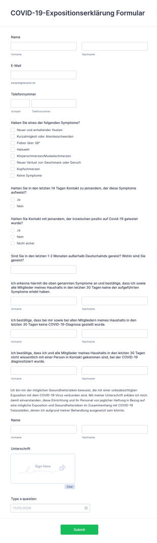 COVID 19 Expositionserklärung Formular