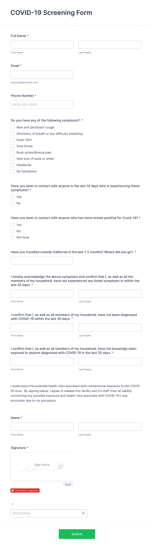 COVID 19 Exposure Agreement Form Template