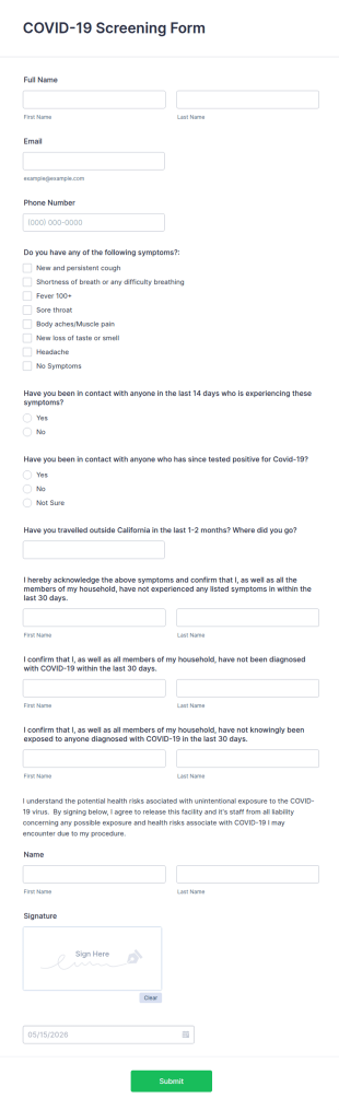 COVID 19 Exposure Agreement Form Template